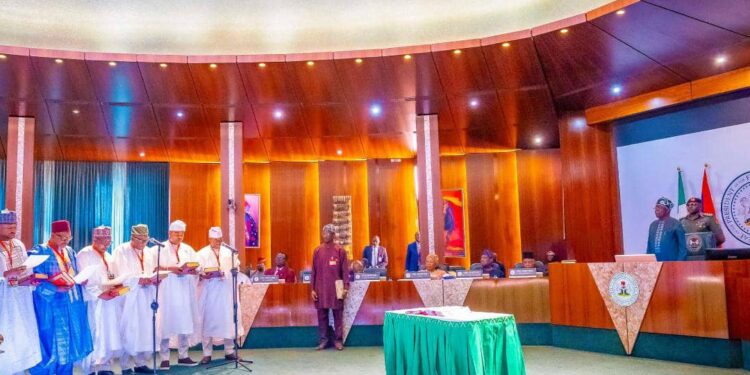 President Tinubu Swears In RMAFC, FCC Commissioners, 8  Permanent Secretaries